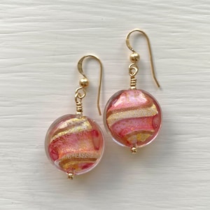 Diana Ingram earrings with pink, white, aventurine, gold Murano glass medium lentil drops on Sterling Silver or 22 Carat gold vermeil hooks