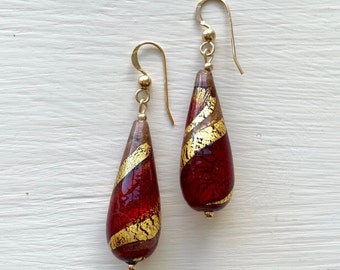 Diana Ingram earrings with red and aventurine swirl over gold Murano glass long pear drops on Sterling Silver or 22 Carat gold vermeil hooks