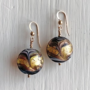 Diana Ingram earrings with byzantine grey and gold Murano glass medium lentil drops on Sterling Silver or 22 Carat gold vermeil hooks