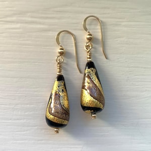 Diana Ingram earrings with black pastel and aventurine swirl over gold Murano glass short pear drops on silver or gold vermeil hooks