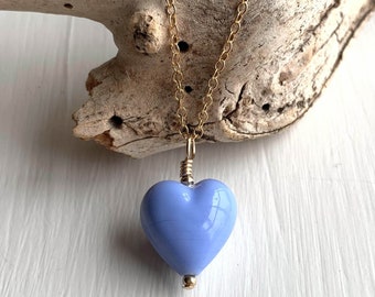 Diana Ingram Necklace with Periwinkle Murano Glass Small Heart Pendant on Gold Vermeil Chain