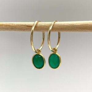 Diana Ingram earrings with green onyx oval crystal gemstones on 22 Carat gold vermeil small hoop sleeper ear wires