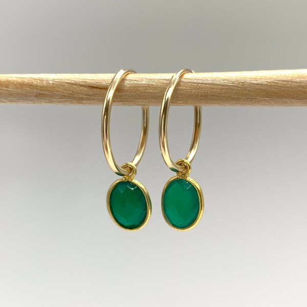 Diana Ingram earrings with green onyx oval crystal gemstones on 22 Carat gold vermeil small hoop sleeper ear wires