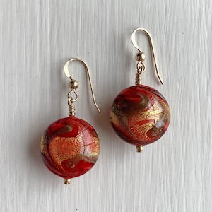 Diana Ingram earrings with byzantine red and gold Murano glass medium lentil drops on Sterling Silver or 22 Carat gold vermeil hooks