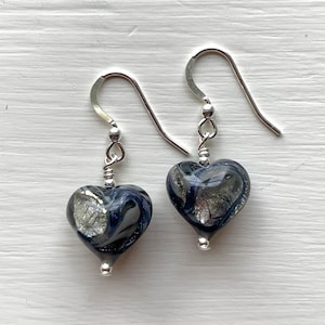 Diana Ingram earrings with byzantine grey and silver Murano glass small heart drops on Sterling Silver or 22 Carat gold vermeil hooks