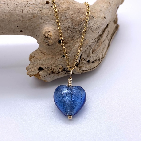 Diana Ingram necklace with cornflower blue Murano glass small heart pendant on 22 Carat gold vermeil cable chain