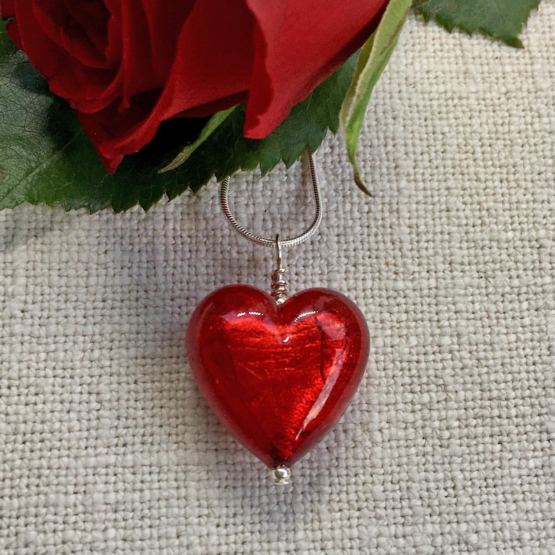 Diana Ingram necklace with red Murano glass medium heart pendant on Sterling Silver snake chain