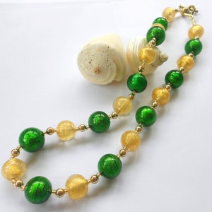 Diana Ingram necklace with dark green (emerald) and light gold Murano glass small sphere beads on 22 Carat gold vermeil beads and clasp