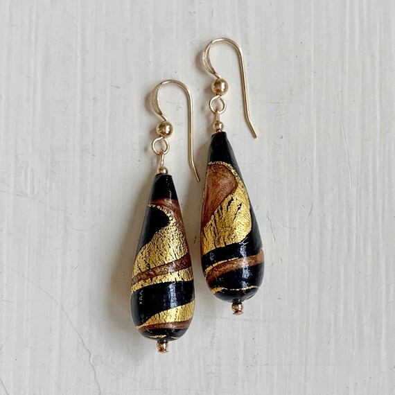 Diana Ingram earrings with speckled red /& gold Murano glass long pear drops on Sterling Silver or 22 Carat gold vermeil shepherds hooks
