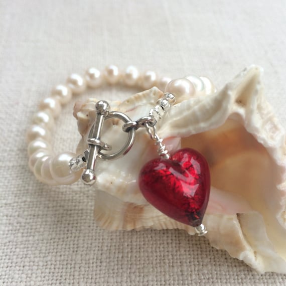 Red Heart Necklace with Dyed Cultured Freshwater Pearls Sterling Silver Red Heart Necklace with Dyed Cultured Freshwater Pearls Sterling Silver