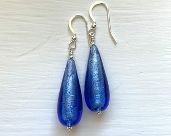 Diana Ingram earrings with cornflower blue Murano glass long pear drops on Sterling Silver or 22 Carat gold vermeil shepherds hooks