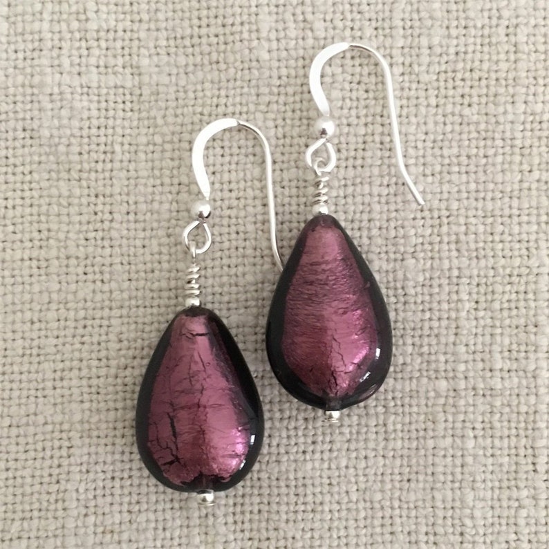blue, purple Murano glass mini heart Diana Ingram lilac 10mm drop earrings on silver or gold ear wires.