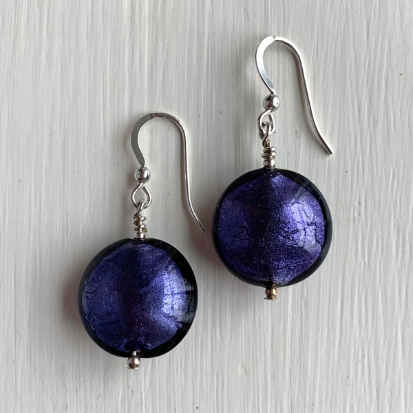 Diana Ingram earrings with purple velvet Murano glass medium lentil drops on Sterling Silver or 22 Carat gold vermeil shepherds hooks