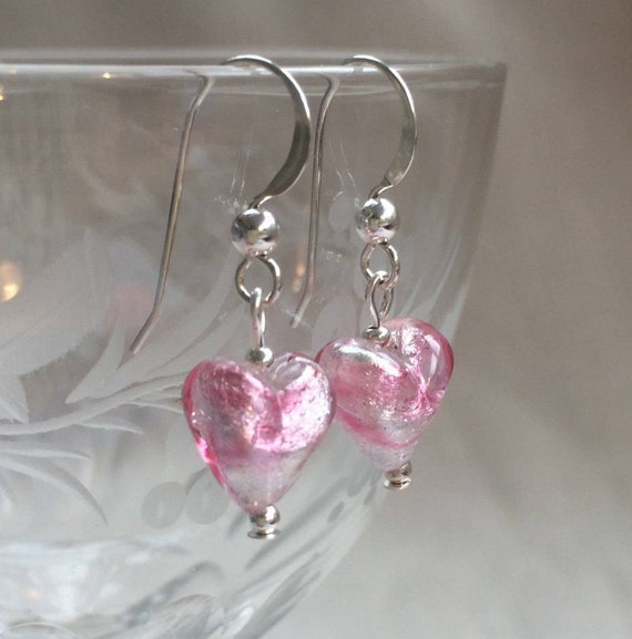 blue, purple Murano glass mini heart Diana Ingram lilac 10mm drop earrings on silver or gold ear wires.