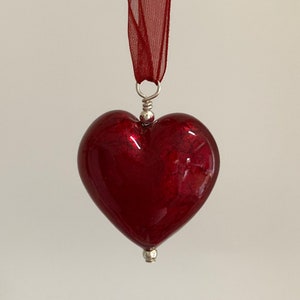 Diana Ingram necklace with red Murano glass large heart pendant on organza ribbon