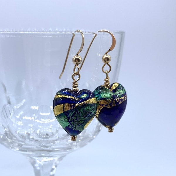 Diana Ingram Blue Murano Glass Small Heart Drop Earrings on Silver or Gold Hooks