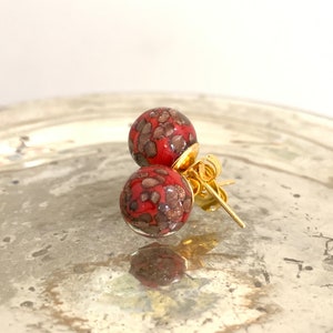 Diana Ingram Red Murano Glass Sphere Stud Earrings on Gold Surgical Steel Posts