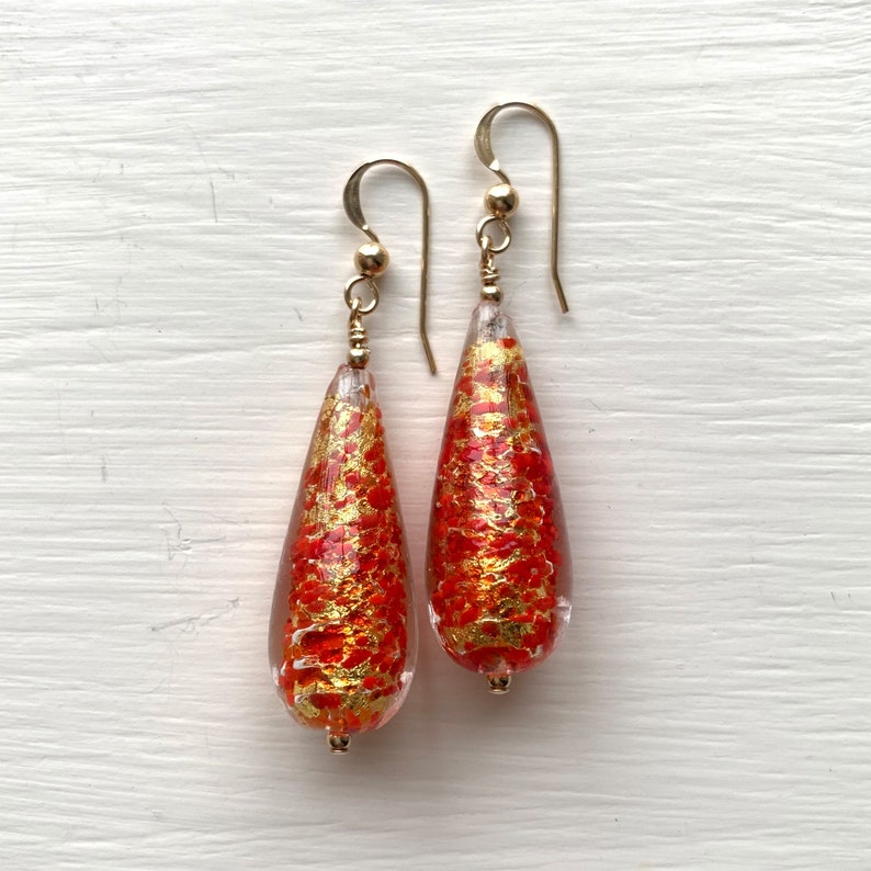 Diana Ingram earrings with speckled red /& gold Murano glass long pear drops on Sterling Silver or 22 Carat gold vermeil shepherds hooks
