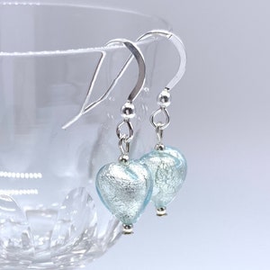 Diana Ingram earrings with aquamarine (blue) Murano glass mini heart drops on Sterling Silver or 22 Carat gold vermeil hooks