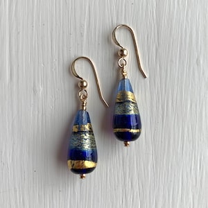 Diana Ingram earrings with shades of dark blue and gold Murano glass short pear drops on Sterling Silver or 22 Carat gold vermeil hooks