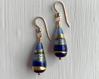 Diana Ingram earrings with shades of dark blue and gold Murano glass short pear drops on Sterling Silver or 22 Carat gold vermeil hooks