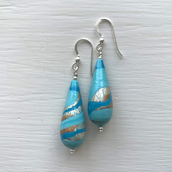 Diana Ingram earrings with speckled red /& gold Murano glass long pear drops on Sterling Silver or 22 Carat gold vermeil shepherds hooks