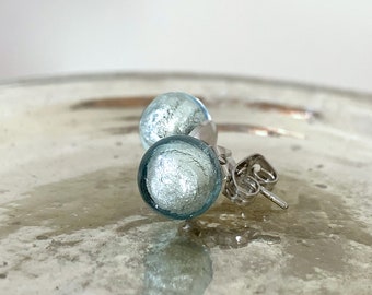 Diana Ingram Aquamarine Murano Glass Sphere Stud Earrings on Surgical Steel Posts