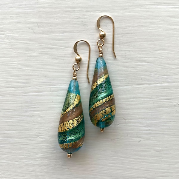Diana Ingram earrings with teal (green, jade) and aventurine swirl over gold Murano glass long pear drops on Sterling Silver or gold hooks