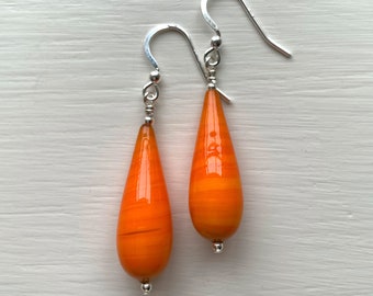 Diana Ingram earrings with orange pastel Murano glass long pear drops on Sterling Silver or 22 Carat gold vermeil shepherds hooks
