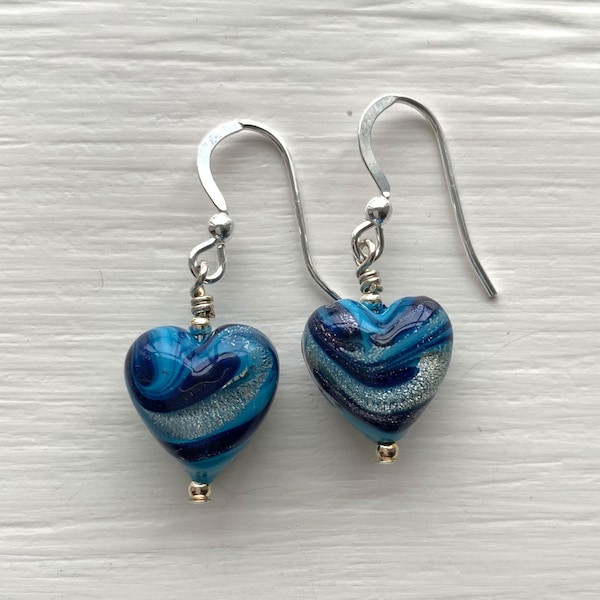 Diana Ingram Byzantine Blue Murano Glass Small Heart Drop Earrings Silver or Gold Hooks