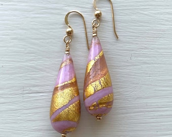 Diana Ingram Pink Murano Glass Long Pear Drop Earrings on Silver or Gold Hooks
