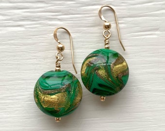 Diana Ingram Green Murano Glass Medium Lentil Drop Earrings on Silver or Gold Hooks