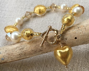 Diana Ingram Bracelet with Gold Murano Glass Mixed Beads on Gold Vermeil