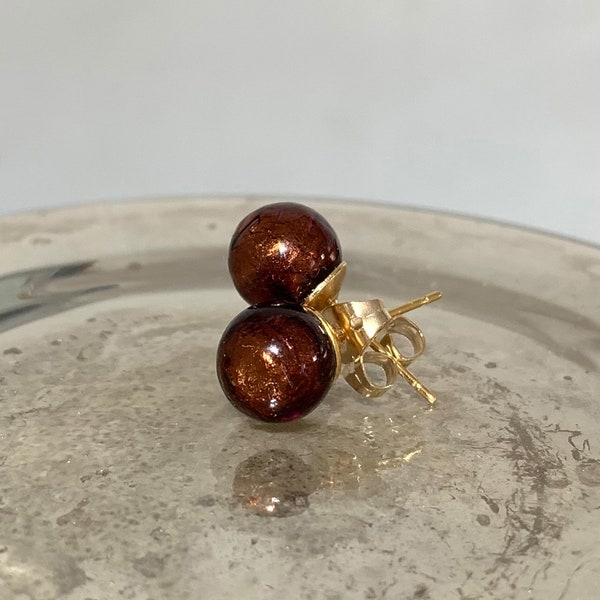 Diana Ingram earrings with golden brown (chocolate) Murano glass sphere (round) studs on 24ct gold plated posts