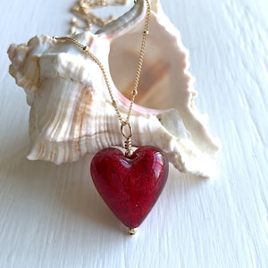 Diana Ingram necklace with red Murano glass medium heart pendant on 22 Carat gold vermeil satellite chain