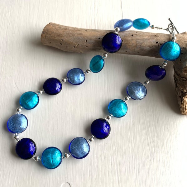 Diana Ingram necklace with three shades of blue Murano glass medium lentil beads on Sterling Silver beads and clasp