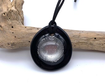 Diana Ingram necklace with clear crystal and silver over black pastel Murano glass near circular large dome pendant