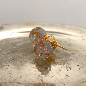 Diana Ingram earrings with grey opal and aventurine Murano glass sphere (ball, round) studs on 24ct gold plated surgical steel posts