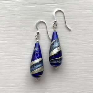 Diana Ingram Blue Murano Glass Long Pear Drop Earrings on Silver or Gold Hooks