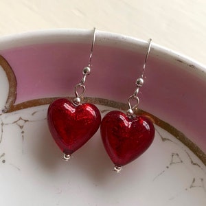 Diana Ingram earrings with red Murano glass small heart drops on Sterling Silver or 22 Carat gold vermeil hooks