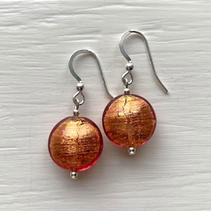 Diana Ingram earrings with burnt orange (rose pink & gold) Murano glass small lentil drops on Sterling Silver or 22 Carat gold vermeil hooks