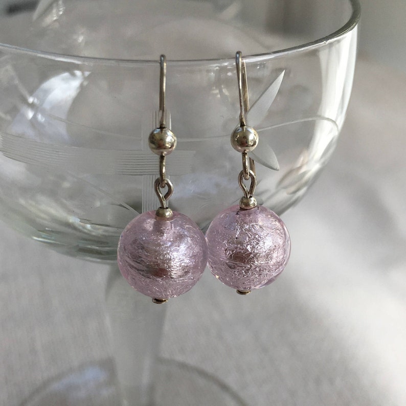 blue, purple Murano glass mini heart Diana Ingram lilac 10mm drop earrings on silver or gold ear wires.