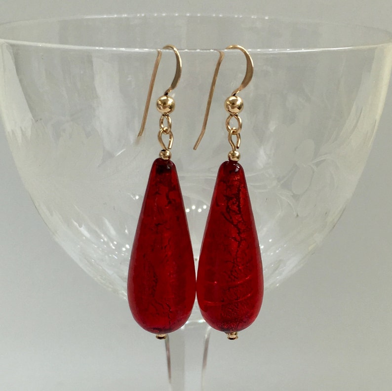 Diana Ingram earrings with speckled red /& gold Murano glass long pear drops on Sterling Silver or 22 Carat gold vermeil shepherds hooks