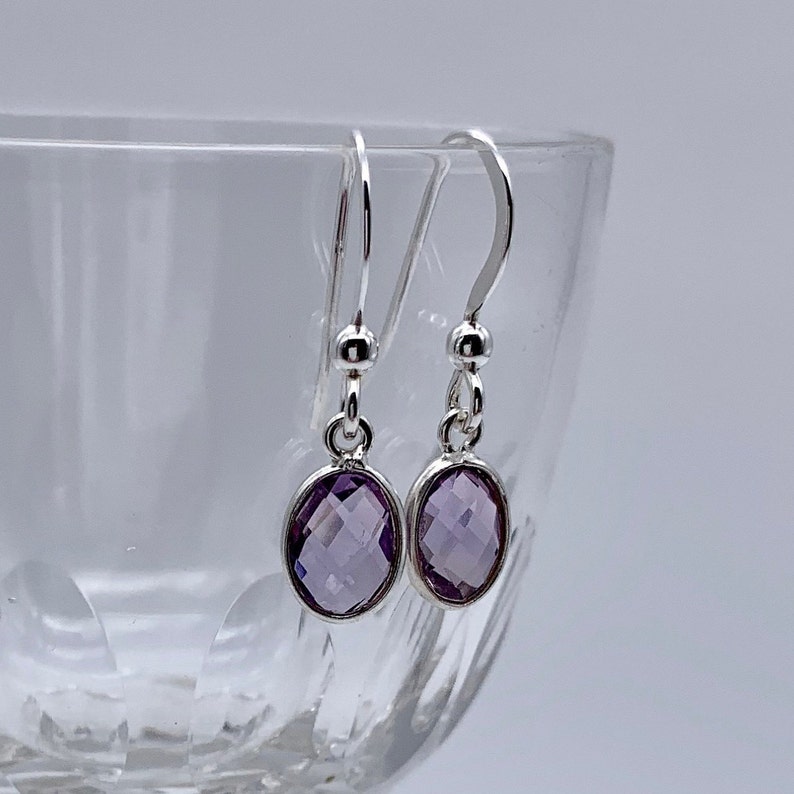 blue, purple Murano glass mini heart Diana Ingram lilac 10mm drop earrings on silver or gold ear wires.