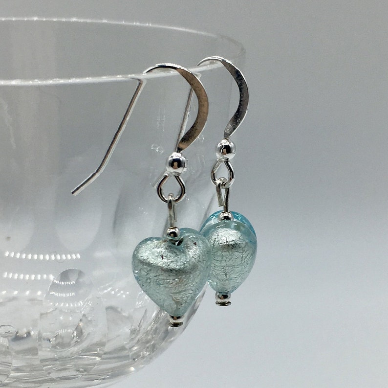 blue, purple Murano glass mini heart Diana Ingram lilac 10mm drop earrings on silver or gold ear wires.