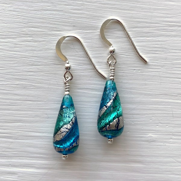 Diana Ingram earrings with turquoise (blue) and teal swirl over white gold Murano glass short pear drops on silver or gold vermeil hooks