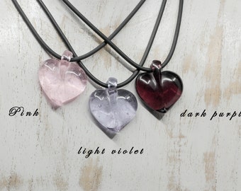 Kiln Cast Crystal Glass Heart Pendants in light violet, pink, and purple on 2mm rubber cord, sterling silver clasp, Choose your colour!