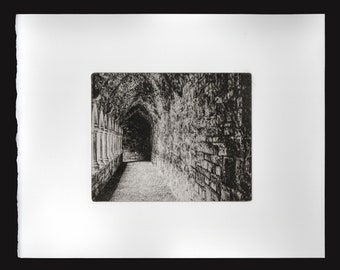 Photo Gravure of Quin Franciscan Friary's covered walkway, County Clare, Ireland. From original photo, reproduced on gravure plate, etching,