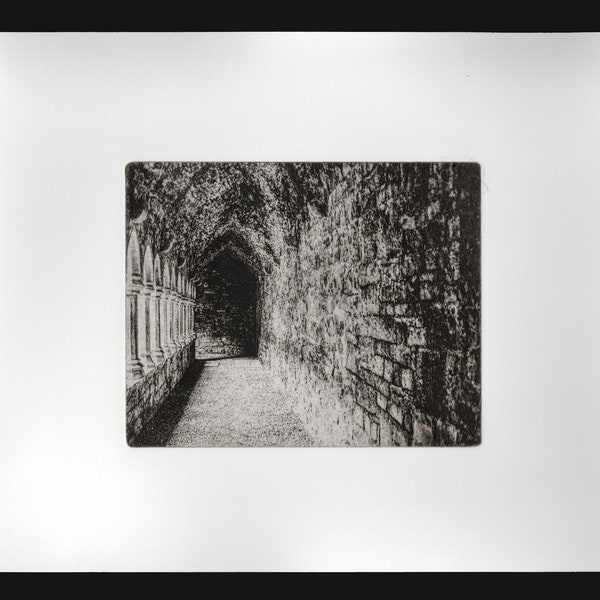 Photo Gravure of Quin Franciscan Friary's covered walkway, County Clare, Ireland. From original photo, reproduced on gravure plate, etching,