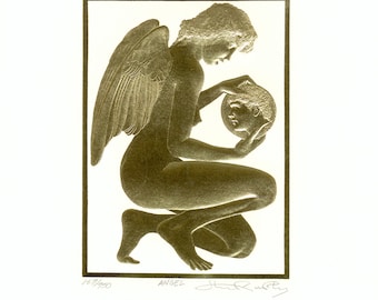 Gold Embossed Angel print holding a coin with self portrait - Thomas R. McPhee illustrator